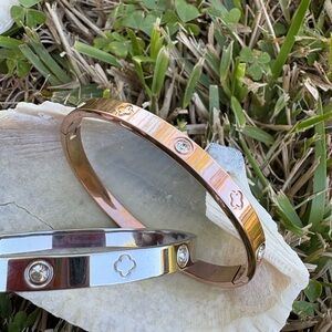 Rose Gold and Silver Clover Accent Bangle Set